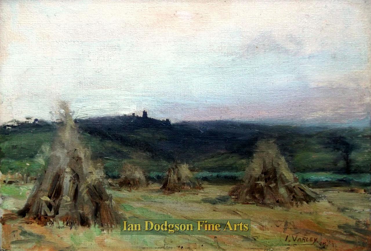 Illingworth Varley - Evening stooks of corn, Lancaster beyond Oil on canvas board (1908)