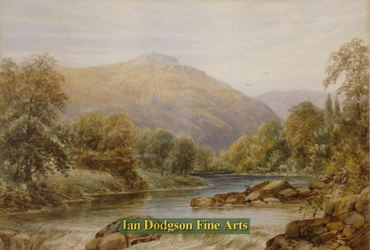 J Morris - Fishing on the river Watercolour (1894)