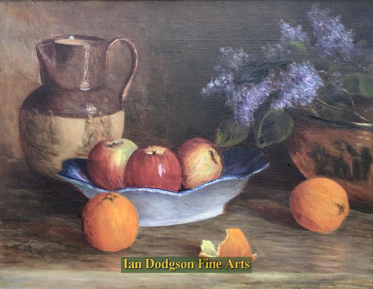 J Taylor - Apples, Buddleia and ceramics Oil on canvas (c1910)
