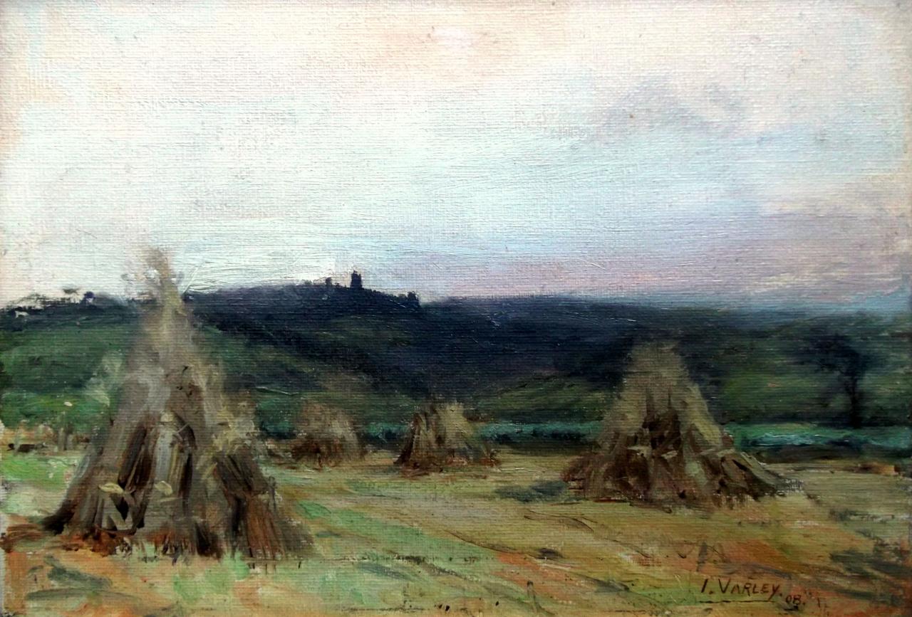 Evening stooks of corn, Lancaster beyond by Illingworth Varley A.R.C.A.