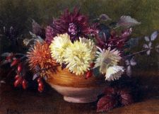 Chrysanthemums in a terracotta bowl by ? ? N