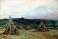 Evening stooks of corn,Lancaster beyond by Illingworth Varley